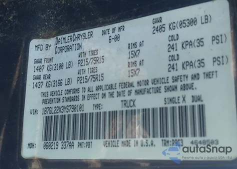 2000 Dodge Dakota Slt/Sport из США, поврежденный, VIN 1B7GL22X3YS790101